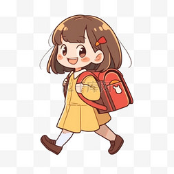 纯色图片_卡通小女孩手绘开学季背着书包元