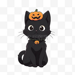 黑色小猫图片_黑色小猫卡通手绘元素万圣节南瓜
