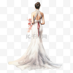婚纱带头纱图片_水彩洁白中式婚纱新娘背影
