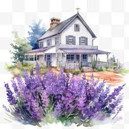 紫色花朵插画图片_水彩紫色薰衣草小屋免扣元素