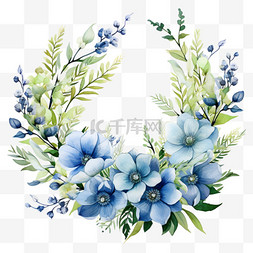 水彩秋季花环花卉蓝色卡通花框花