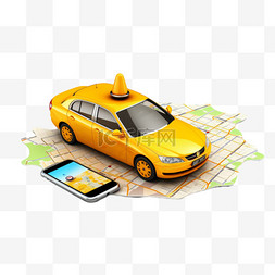 黄色出租车和带地图的电话