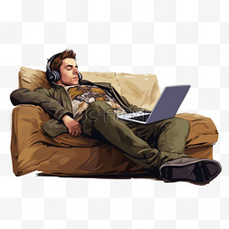 躺在沙发上图片_男人躺在沙发上，在笔记本电脑上