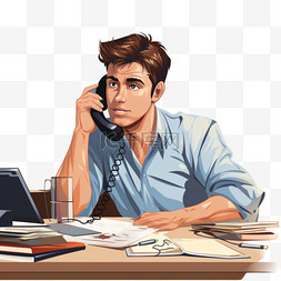 男人在电脑前工作，打电话