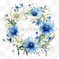 水彩蓝色秋季花环花卉花框花边