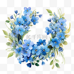 水彩秋季花环花卉花框花边蓝色满