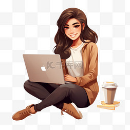 有膝上型计算机和咖啡的女孩坐地