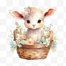 可爱小动物水彩图片_水彩可爱小羊鲜花篮子