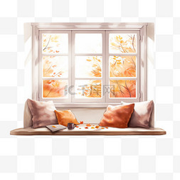 水彩秋天舒适温暖窗台免扣元素