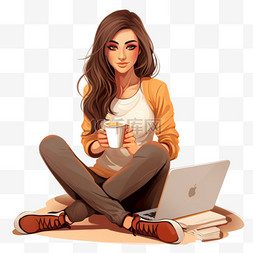 膝上型图片_有膝上型计算机和咖啡的女孩坐地