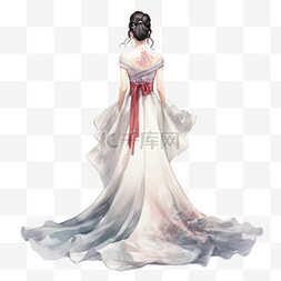 白色婚纱新娘图片_水彩白色中式婚纱新娘背影