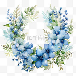 水彩秋季花环蓝色卡通花卉花框花