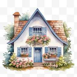蓝色可爱房子图片_水彩棕色蓝色卡通小屋免扣元素