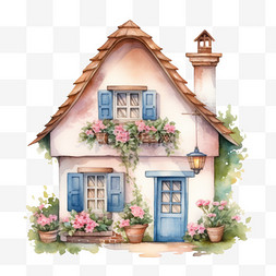 卡通粉色房子图片_水彩粉色蓝色卡通小屋免扣元素