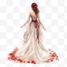 红色婚纱图片_水彩鲜花红色中式婚纱新娘背影