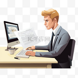 借款申请图片_金发男子坐在电脑后面，看着工作