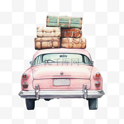 行李箱粉色图片_水彩粉色旅游轿车免扣元素