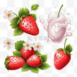 牛奶草莓飞溅图片_整颗和半颗草莓，带花、叶子和奶
