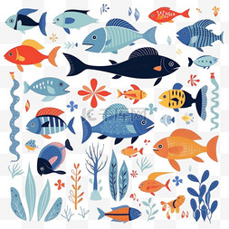 鱼的插图图片_扁平可爱的海底动物、海洋植物和