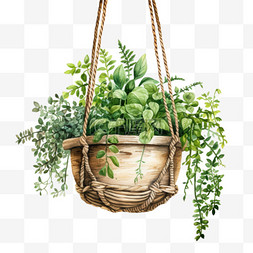 双层吊篮图片_水彩绿色植物叶子吊篮免扣元素
