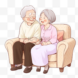 手绘画面png图片_手绘元素重阳节夫妻坐在沙发上