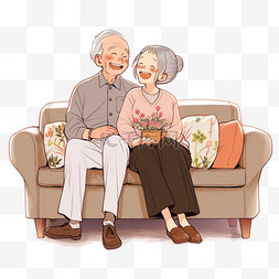 重阳节卡通元素手绘夫妻坐在沙发