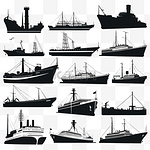 轮船和小船。驳船、游船、航运和渔船的标志。水上交通工具黑色剪影插图
