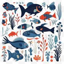 卡通海鱼元素图片_扁平可爱的海底动物、海洋植物和