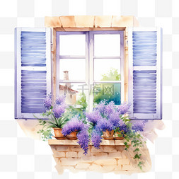 手绘窗台花朵图片_水彩薰衣草鲜花窗台免扣元素