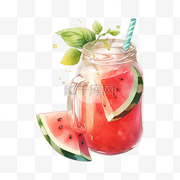 西瓜饮品图片_西瓜西瓜汁饮料水彩卡通手绘夏季
