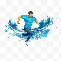 运动型男图片_带着蓝色流动的波浪奔跑的人