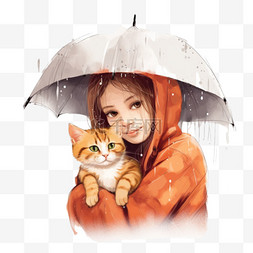 躲雨卡通图片_躲雨的女孩和猫