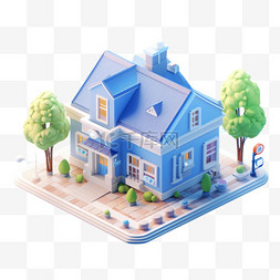房子卡通立体图片_蓝色房子3D可爱图标元素