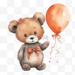 手绘小熊气球图片_水彩橙色气球卡通小熊免扣元素
