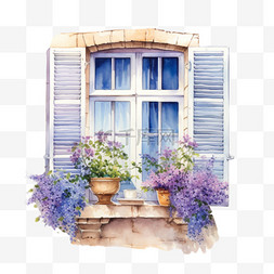 手绘窗台花朵图片_水彩紫色鲜花窗台免扣元素