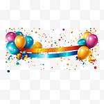 生日快乐祝贺横幅设计与五彩纸屑，气球和光泽的闪光丝带为党的节日背景。矢量图解