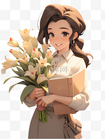 教师节捧花的老师人物3D手绘形象