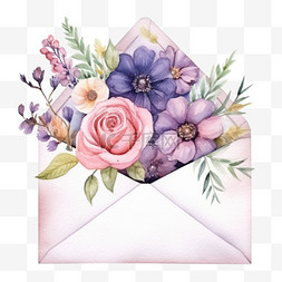 紫色粉色手绘水彩图片_水彩粉色紫色鲜花信封免扣元素