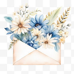 白色信封手绘图片_水彩白色蓝色鲜花信封免扣元素