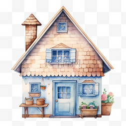蓝色可爱房子图片_水彩蓝色褐色卡通小屋免扣元素