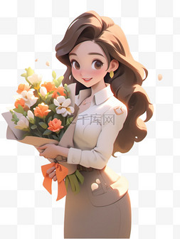 c4d卡通女图片_教师节捧花的女老师人物手绘形象