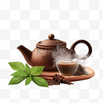 国际茶日海报，粘土茶壶和热气腾腾的杯子，逼真的矢量插图
