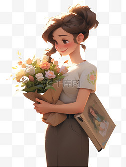 手绘捧花花束图片_教师节捧花的女老师人物卡通手绘