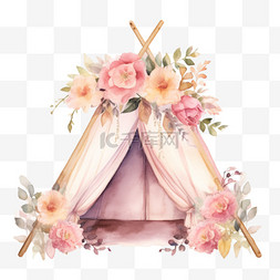 可爱野外图片_水彩鲜花粉色可爱帐篷免扣元素