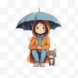 卡通躲雨图片_躲雨的女孩和猫