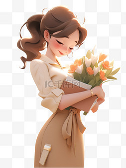 教师节捧花的女老师人物3D卡通手