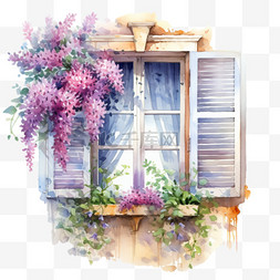 水彩粉色鲜花植物窗台免扣元素