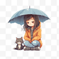 卡通躲图片_躲雨的女孩和猫