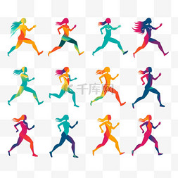 跑步的田径运动员图片_不同的复古跑步平面标志集。跑步