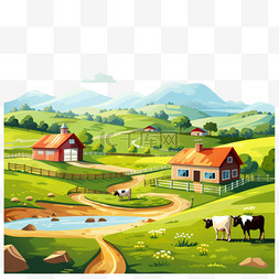 乡村元素卡通图片_五彩缤纷的农场景观卡通风格